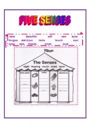 English Worksheet: FIVE SENSES WITH VEGETABLES -FRUITS AND BODY PARTS