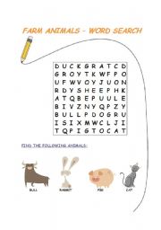 English worksheet: Farm animals - word search exercise with an answer key