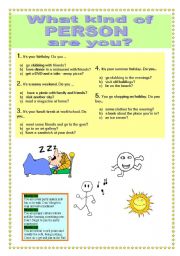 English Worksheet: What kind of person are you? Are you a party animal? - quiz