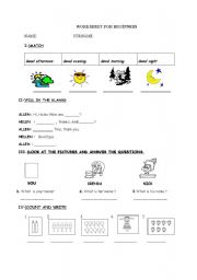 English worksheet: WORKSHEET ABOUT GREETINGS,ASKING NAME,NUMBERS