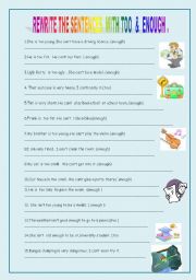 English Worksheet: too  & enough