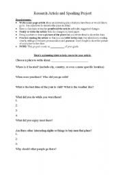 English worksheet: ESL Travel Article and Speaking Project student worksheet and example handout