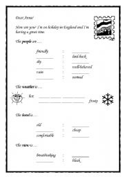 English worksheet: postcard adjectives (elementary) B/W