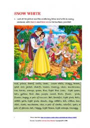 English Worksheet: A Picture of Snow White and  various other characters -Using There is and There are