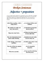 English Worksheet: Adjectives and Prepositions - Broken Sentences