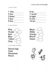 English worksheet: numbers colours and school objects