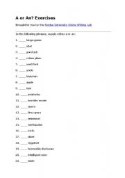 English worksheet: determiners a/and