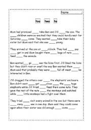 English Worksheet: Too, two and to