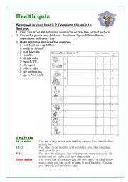 English Worksheet: Health quiz (1 page) with analysis