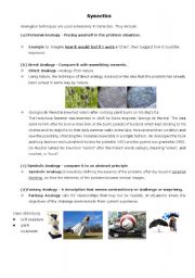 English Worksheet: Visual thinking and Cretive thinking: Analogical techniques are used extensively in Synectics.