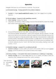 English worksheet: Visual thinking and Cretive thinking: Analogical techniques are used extensively in Synectics.