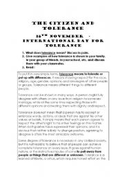 English Worksheet: CITIZENSHIP EDUCATION- Tolerance