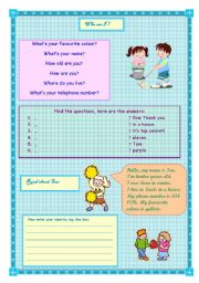 English Worksheet: basic questions on identity and introducing myself