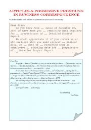 English Worksheet: Articles & possessive pronouns in business correspondence