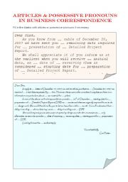 English worksheet: Articles & possessive pronouns in business correspondence