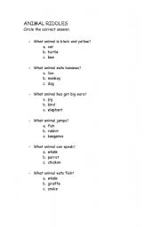 English Worksheet: animal riddles