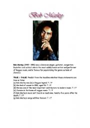 English Worksheet: Bob Marley T/F