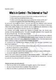 English Worksheet: Whos in Control - The Internet or You?