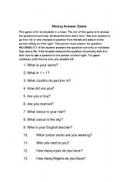 English Worksheet: Wrong Answer Game