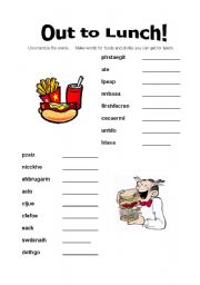 English Worksheet: Out to Lunch!  -  Unscramble the Lunch Words