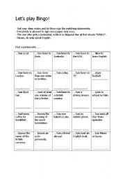 English Worksheet: Getting to know each other - Bingo