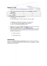 English Worksheet: Find a job, apply for it, resume, cover letter, follow up.