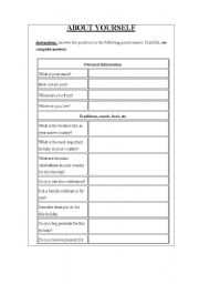 English Worksheet: ABOUT YOURSELF AND YOUR COUNTRY