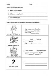 English Worksheet: name, country, age with she,he,they pronouns