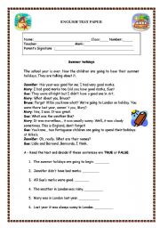 Test paper - Summer Holidays