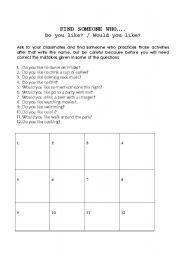 English Worksheet: FIND SOMEONE WHO LIKES...