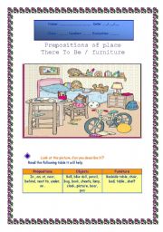 English Worksheet: Prepositions of place, furniture, prepositions of place 