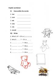 English worksheet: unscramble the words and do the gap-fill