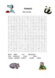 English Worksheet: ANIMALS WORD SEARCH