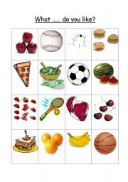 English Worksheet: Fruit Sport Food interview bingo