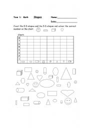 English worksheet: Math Year 1; Counting and Identifying Shapes