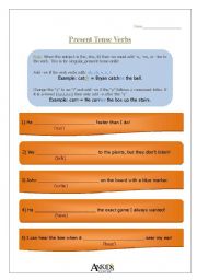 (3 Pages) Present Tense Verbs -s, -es, -ies