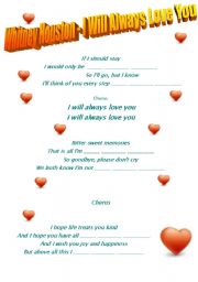 English Worksheet: Song  by Whitney Houston - I Will Always Love You + video clip link+ key