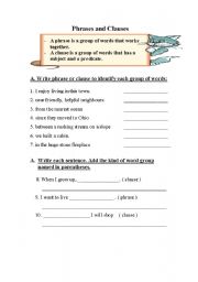 English worksheet: phrases and clauses