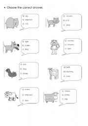 English worksheet: animals multiple choice