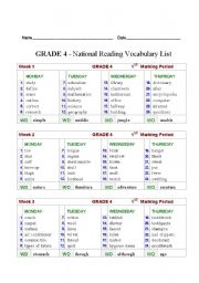 English Worksheet: 4th Grade National Vocabulary List