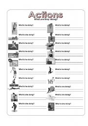 English Worksheet: Actions Picture Dictionary - Present Continuous - Greyscale