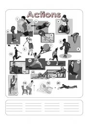 English Worksheet: Actions Picture Dictionary - Fill in the Blanks - Greyscale