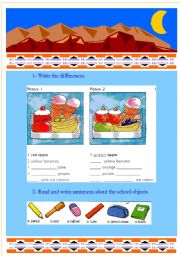 English Worksheet: spot the differences and write about the school objects