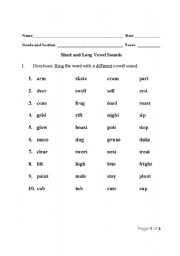 English Worksheet: short and long vowel sounds