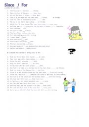 English Worksheet: since  for