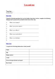 English worksheet: you and me