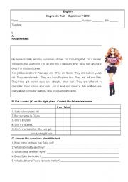 English Worksheet: Diagnostic test 6th grade