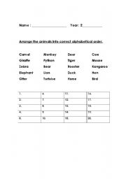 English worksheet: Arrange animals into alphabetical order