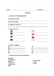 English Worksheet: Vocabulary Review About Colours, Questions, Numbers and professions.