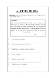 English worksheet: A LETTER FROM DAN (WH - q in Past)